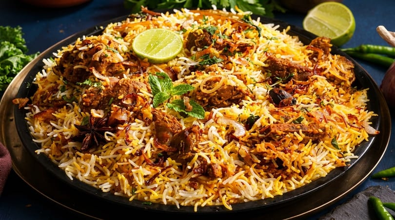 Close-up of a large platter of biryani, garnished with lime, mint, and star anise.