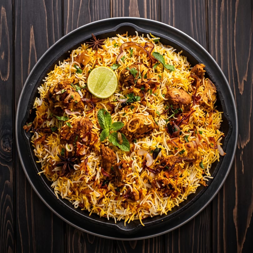Chicken biryani in a black pan, garnished with lime, mint, and star anise on a dark wooden table.
