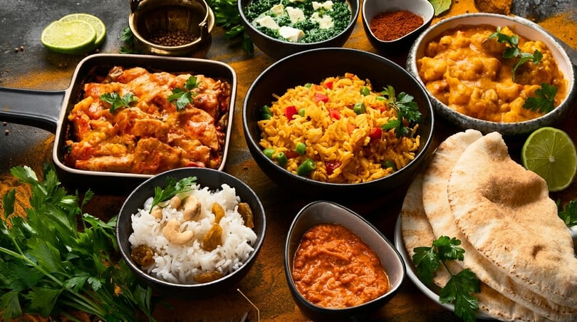 A vibrant spread of Indian dishes including chicken curry, rice, naan, and spinach paneer.